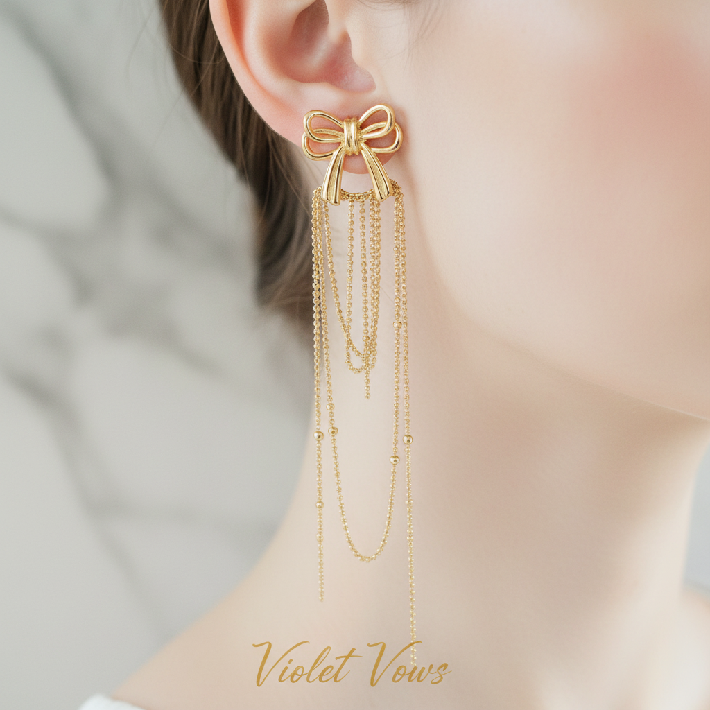Gold Delicate Bow Chain Earrings