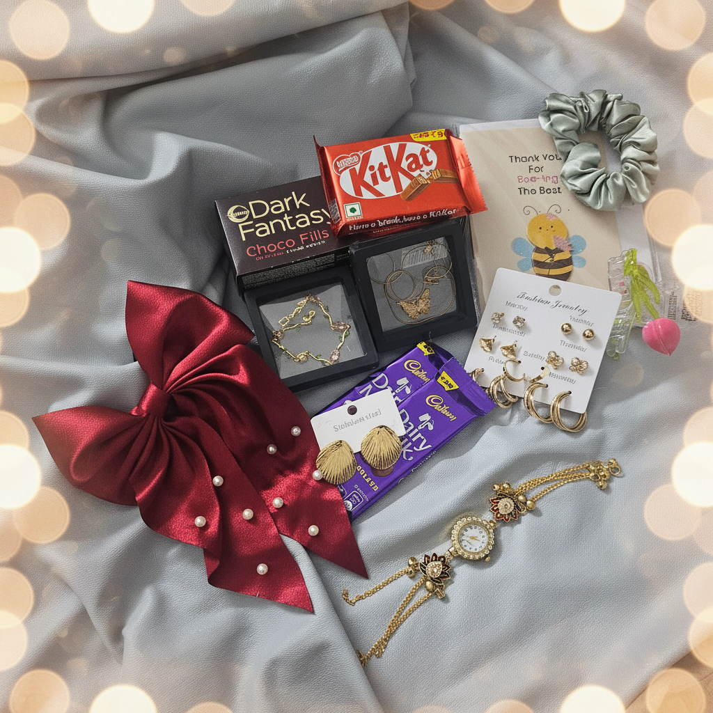 Violet Vows gift box flat-lay with gold jewelry, chocolates, hair accessories, and a red bow