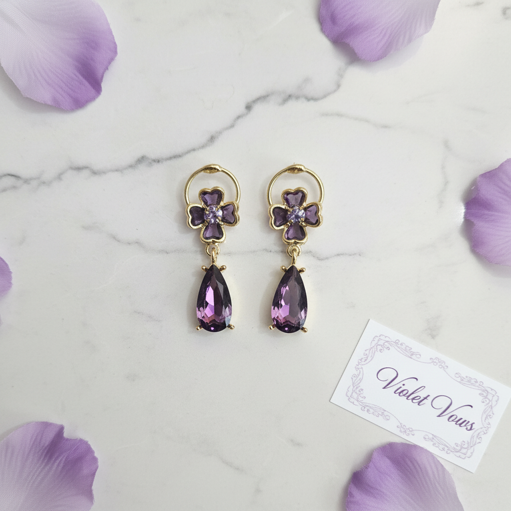 Amethyst Purple Zircon Teardrop Drop Earrings | Floral CZ Gold