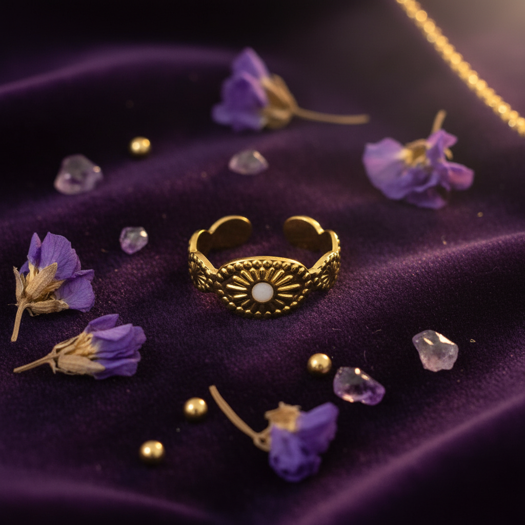 Gold Sunburst Medallion Open Cuff Ring | Anti-Tarnish