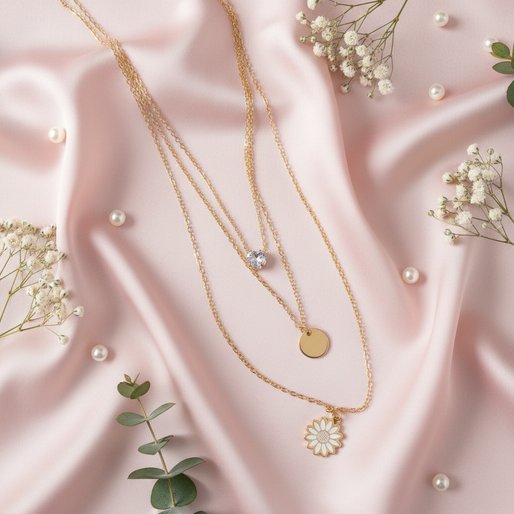Triple Layer Gold Daisy Necklace Set