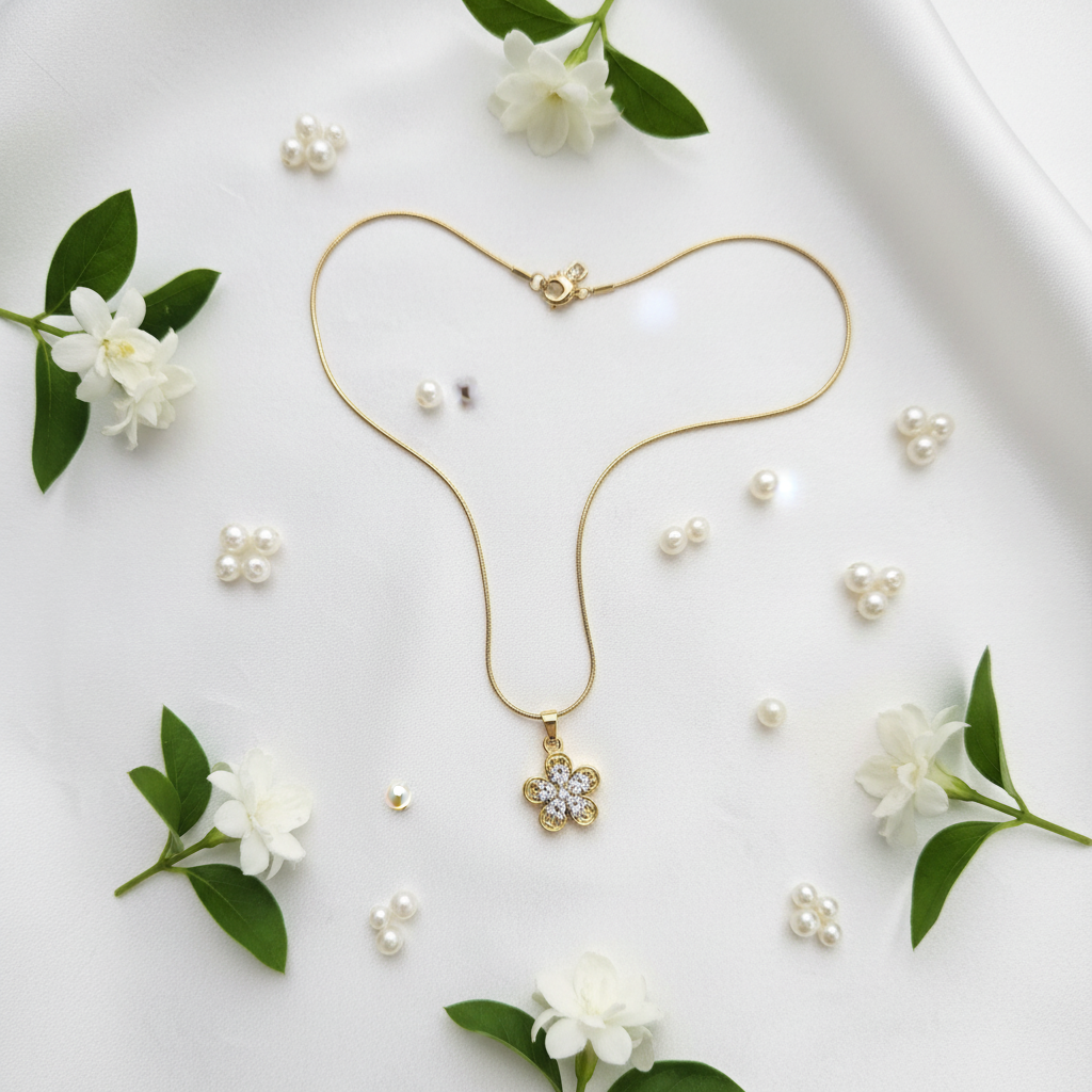 Gold Crystal Clover Flower Pendant Necklace - Stainless Steel Gold Snake Chain