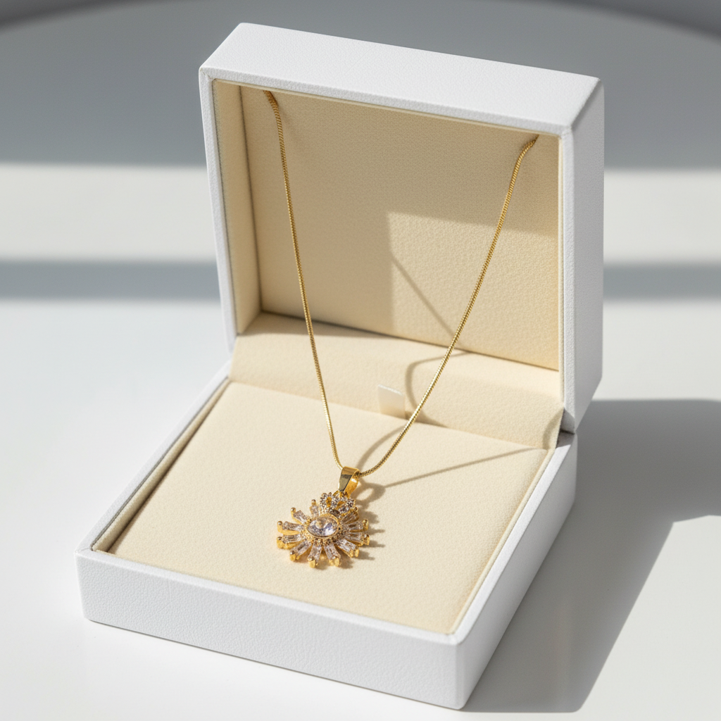 Gold Crystal Sunburst Pendant Necklace - Stainless Steel Gold Snake Chain