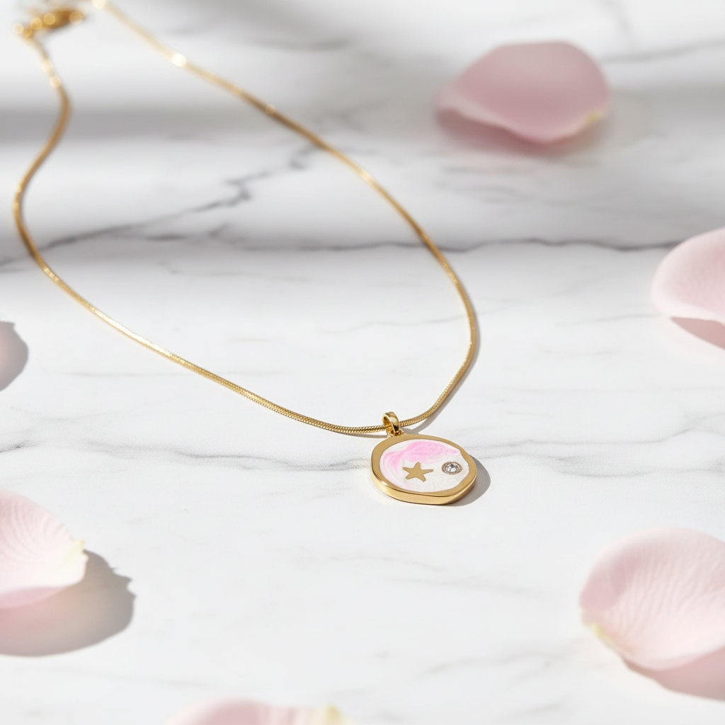 Pink Enamel Star & Crystal Pendant Necklace - Gold Snake Chain