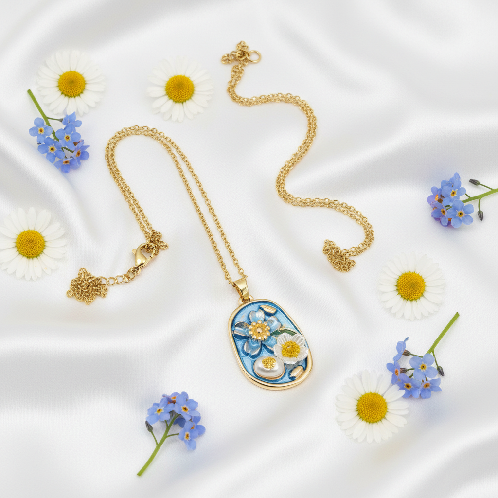 Gold Blue Enamel Floral Pendant Necklace - White Flower & Gold Centre