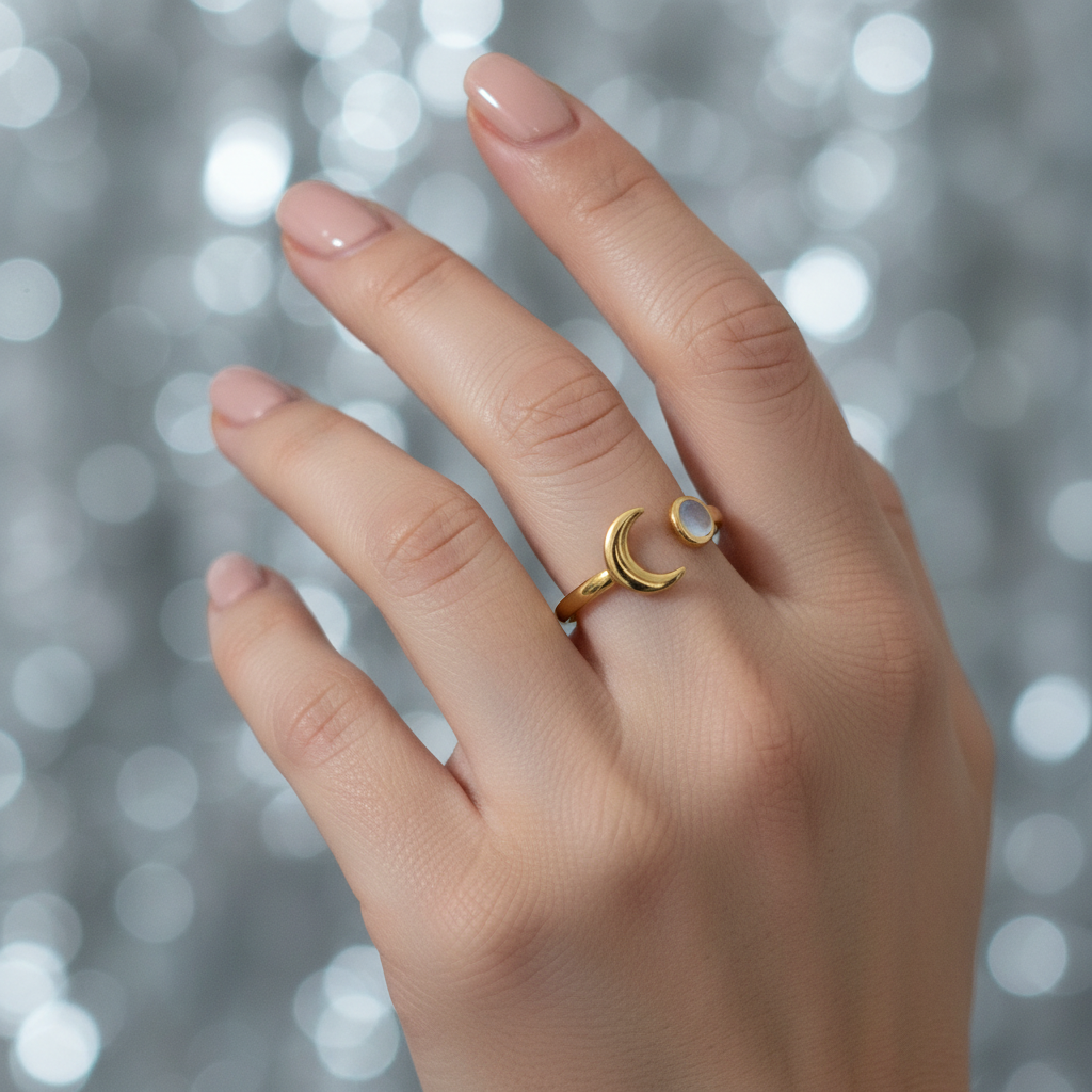Gold moon and moonstone open band ring worn on woman's finger