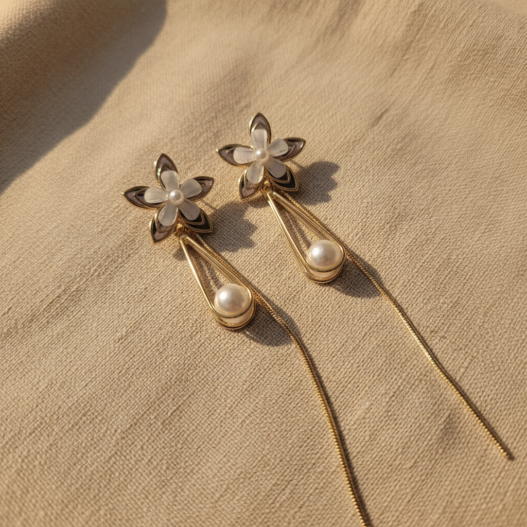 Gold Flower Pearl Drop Earrings - Purple