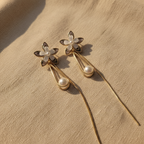 Gold Flower Pearl Drop Earrings - Purple