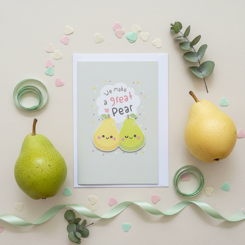 Flat lay composition of pear greeting card with envelope and sweet decorative elements