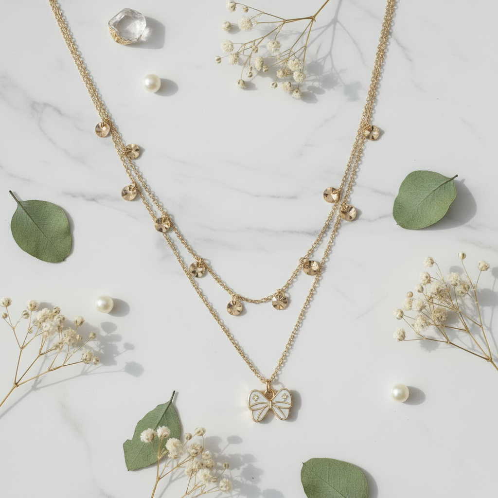 Double Layer Gold Butterfly Necklace with Crystal Droplets