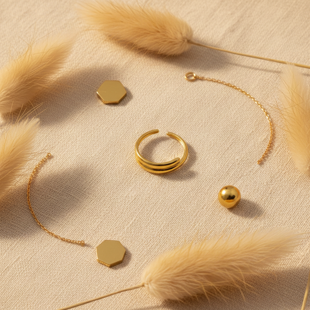 Gold double layer ring flat lay with pampas grass and gold accents on ivory linen