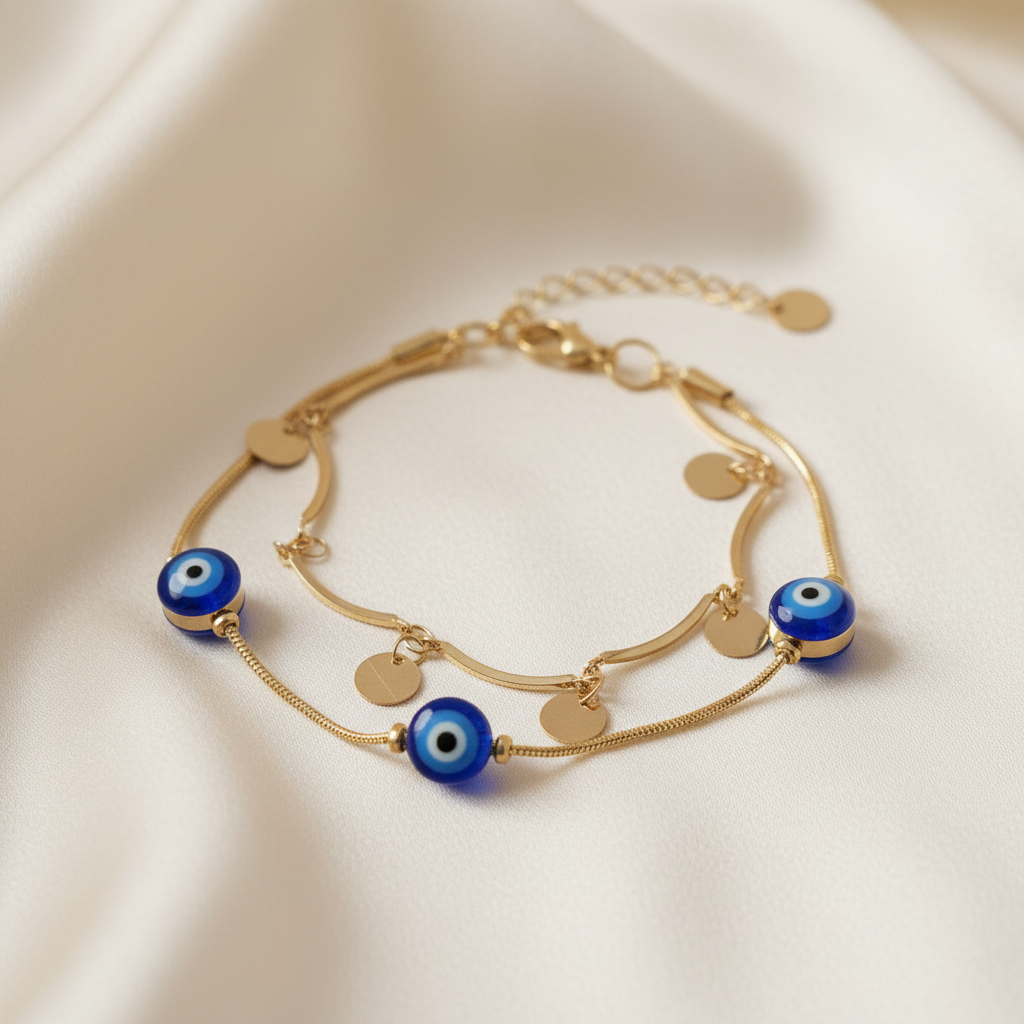 Gold Double Layer Evil Eye & Coin Charm Bracelet - cream silk fabric close-up