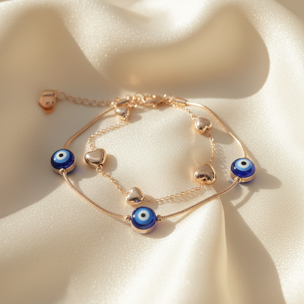 Rose Gold Double Layer Evil Eye & Puffy Heart Charm Bracelet - cream silk fabric close-up