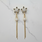 Gold Black Flower Pearl Drop Earrings