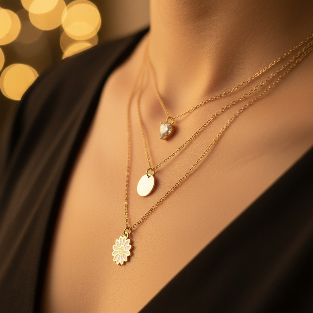 Triple Layer Gold Daisy Necklace Set