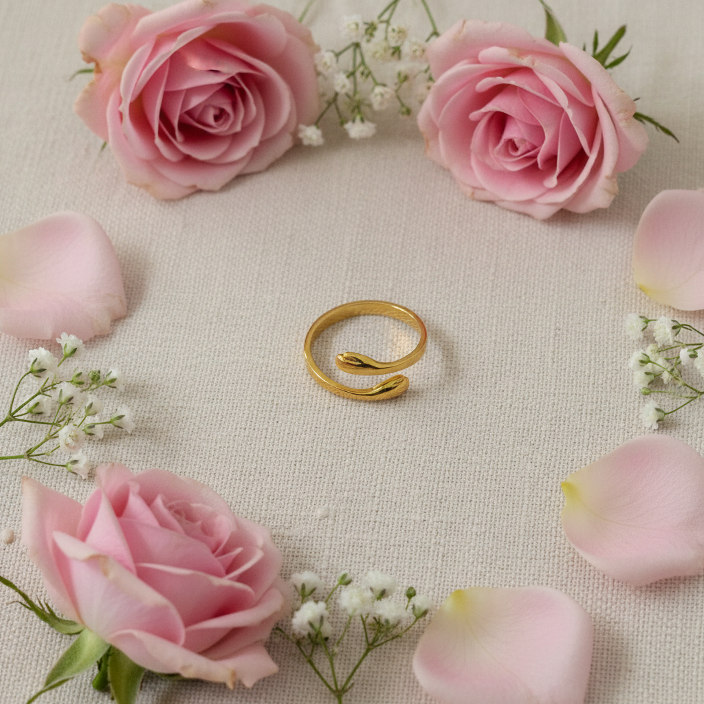 Gold hug ring flat lay with pink rose petals and baby's breath flowers