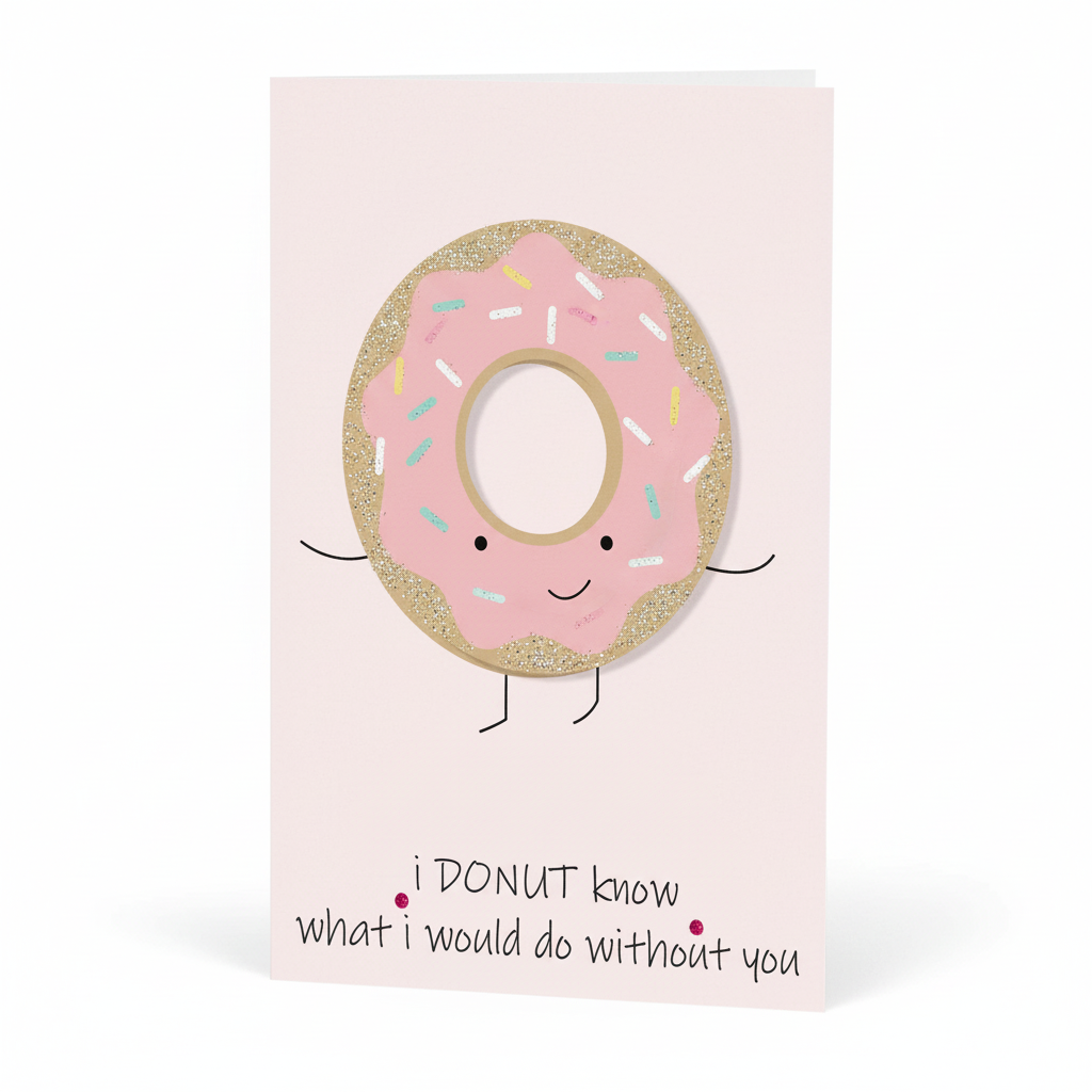 Close-up detail of pink donut character with glitter and sprinkles