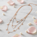 Rose Gold Triple Layer Heart Charm Necklace - Hollow Heart Charms & Open Heart Pendant