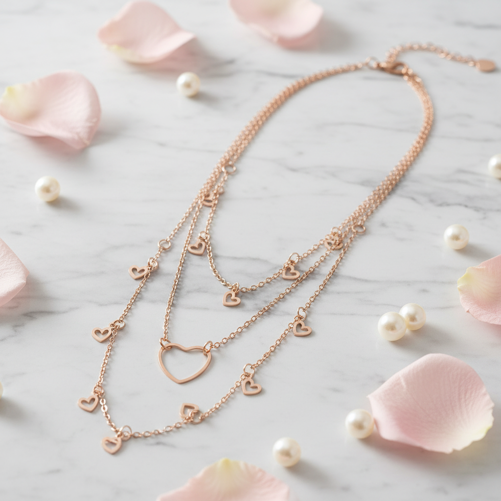 Rose Gold Triple Layer Heart Charm Necklace - Hollow Heart Charms & Open Heart Pendant