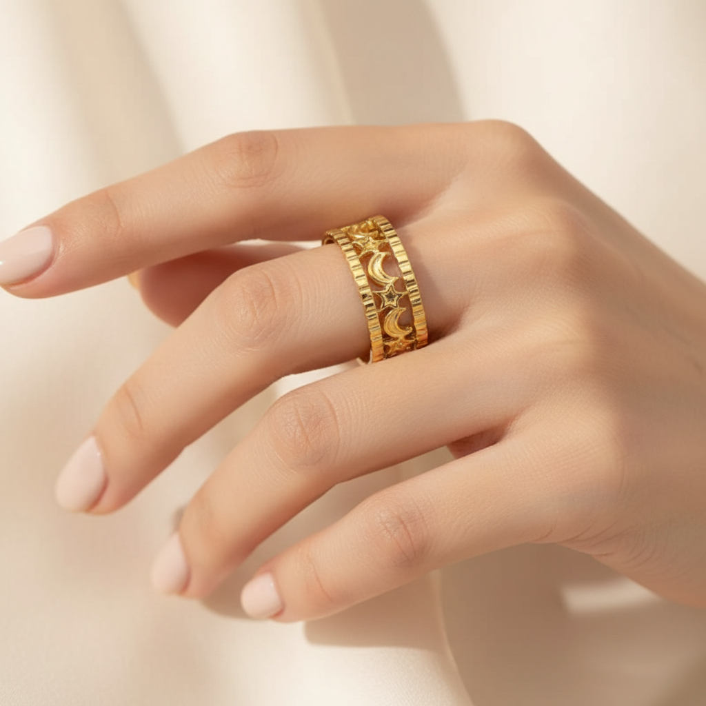 Gold Celestial Moon & Star Cutout Wide Cuff Open Ring - worn on finger cream background lifestyle shot