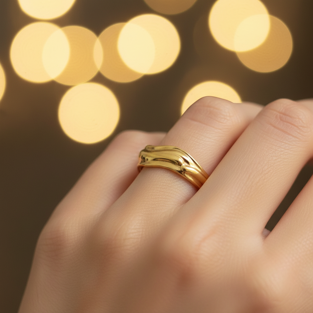 Gold molten wave sculptural open cuff ring worn on finger with warm golden bokeh