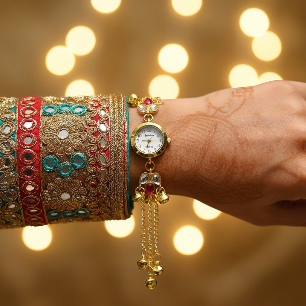 Multicolor gem bracelet watch on bridal sleeve