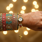 Multicolor gem bracelet watch on bridal sleeve
