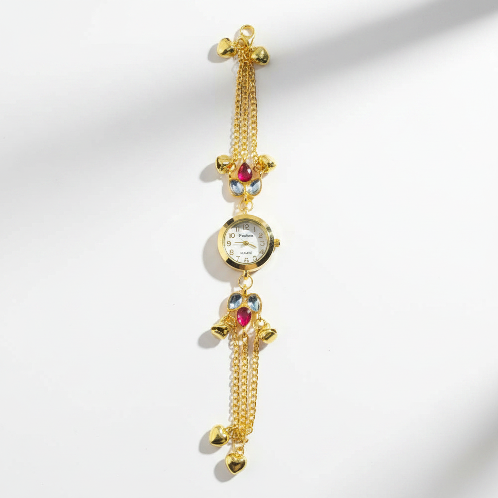 Multicolor gem bracelet watch flat lay