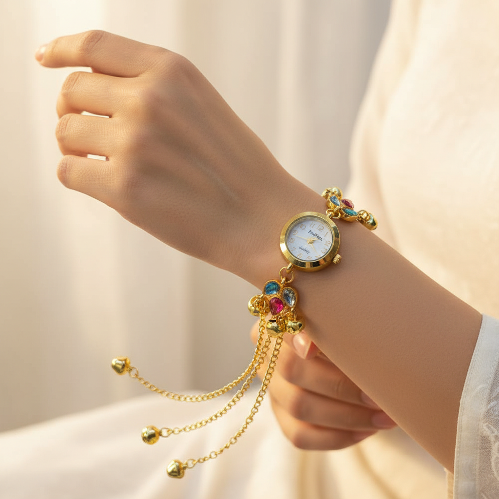 Multicolor gem bracelet watch on ivory background