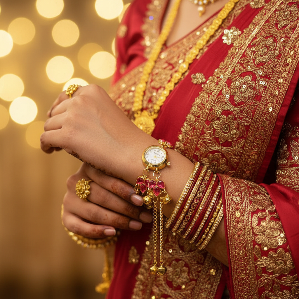Pink flower bracelet watch on bridal sleeve