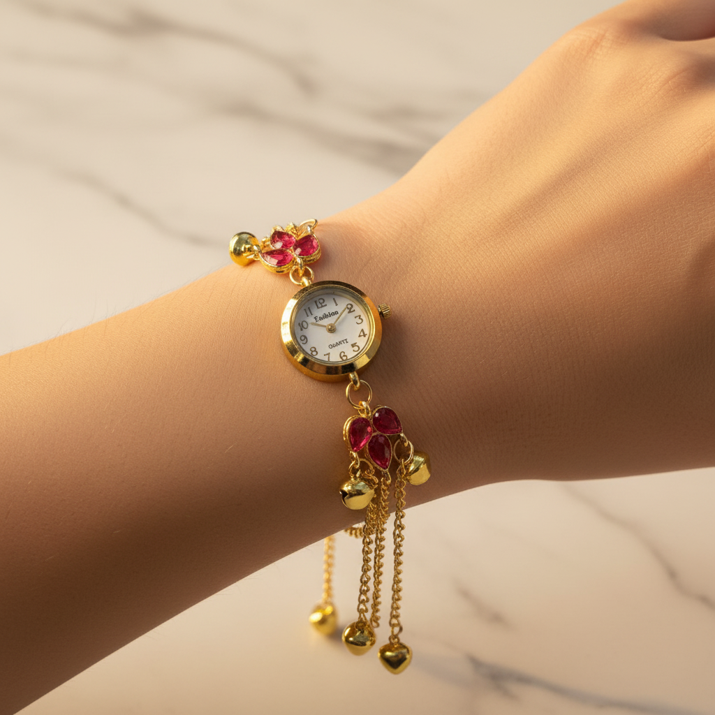 Pink flower bracelet watch on marble background