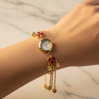 Pink flower bracelet watch on marble background