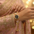 Pink opal bracelet watch on bridal sleeve
