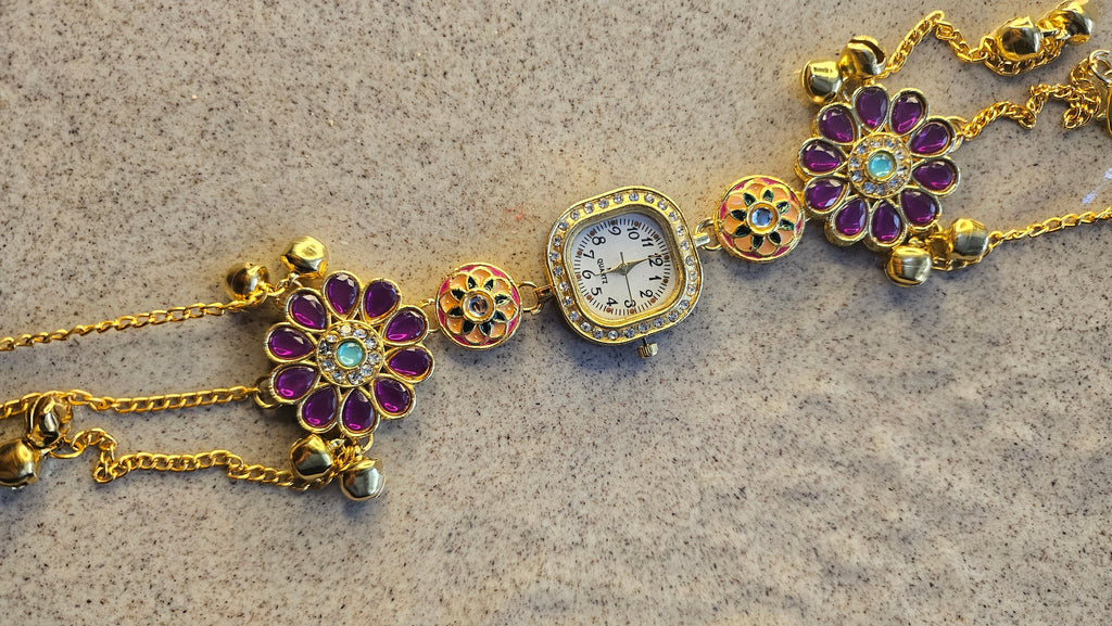 Purple Floral Charm Bracelet Watch – detail view