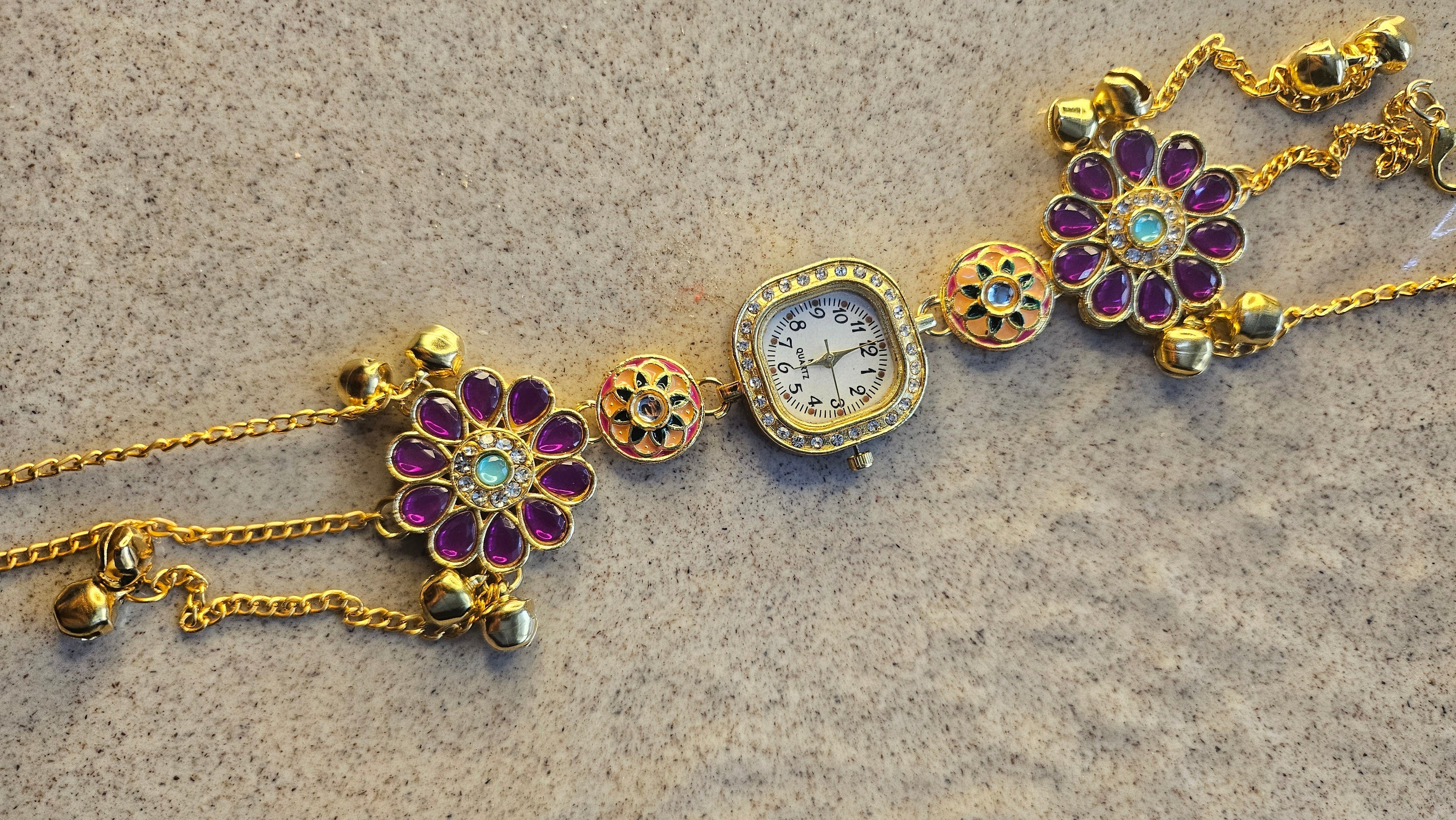 Purple Floral Charm Bracelet Watch – front view