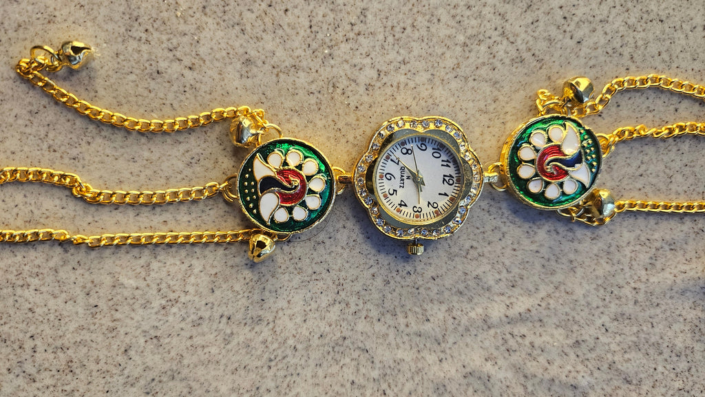 Round Meenakari Charm Bracelet Watch Gold Plated with green red white navy enamel charms