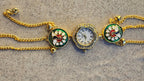 Round Meenakari Charm Bracelet Watch Gold Plated with green red white navy enamel charms