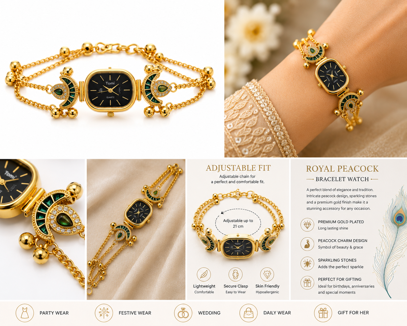 Royal Peacock Bracelet Watch product collage