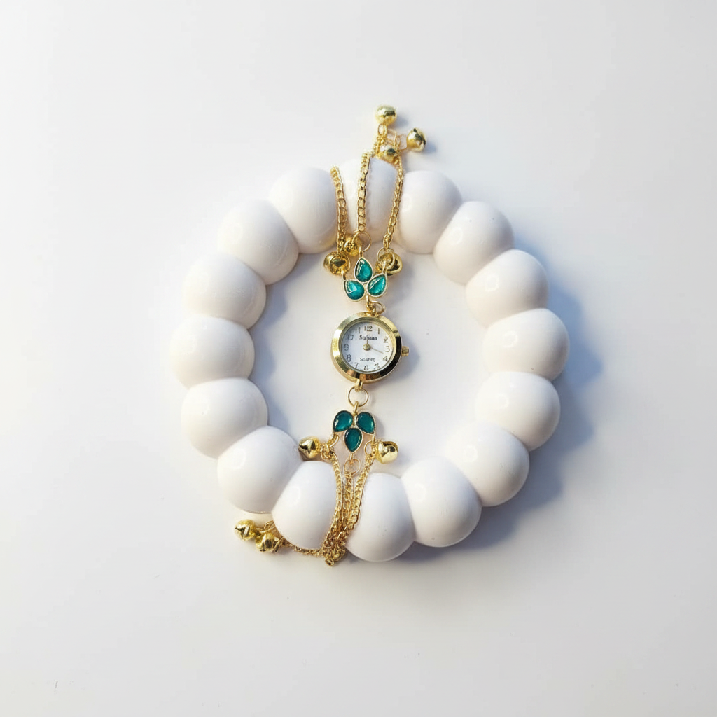 Teal flower bracelet watch flat lay