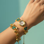 Teal gem bracelet watch on aqua background