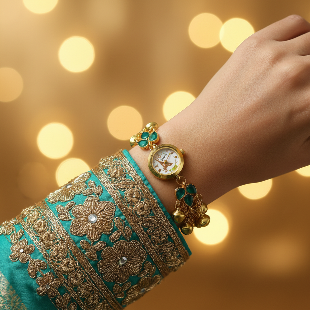 Teal gem bracelet watch on bridal sleeve