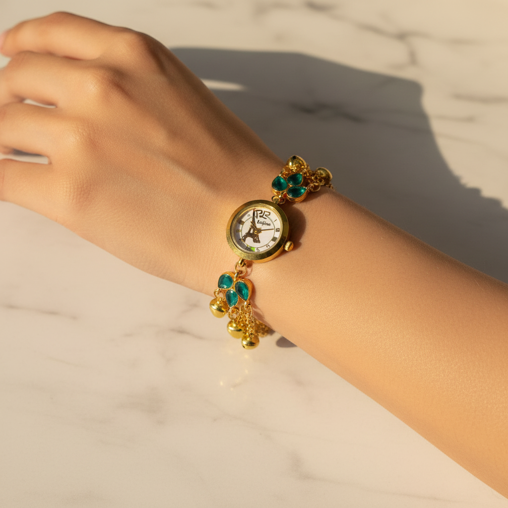 Teal gem bracelet watch on marble background