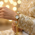 White opal bracelet watch on bridal sleeve