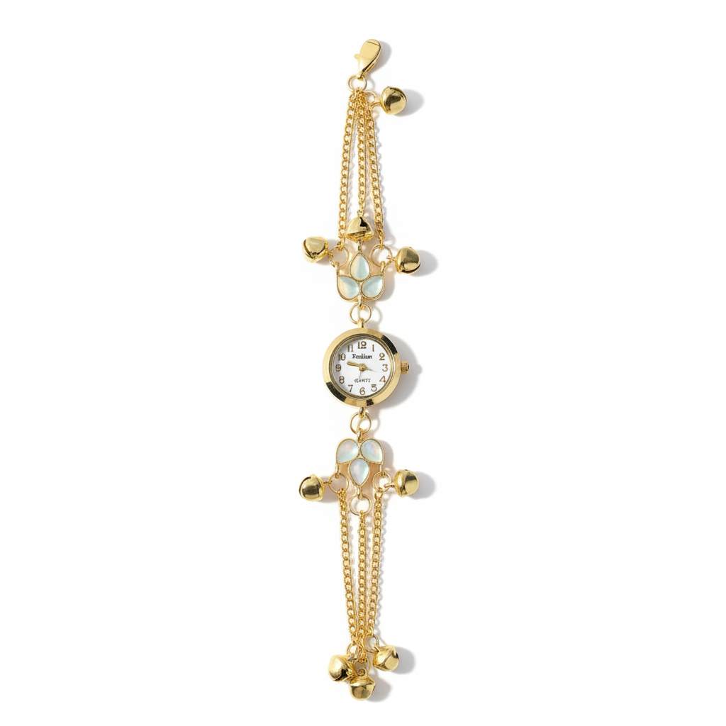 White opal bracelet watch flat lay