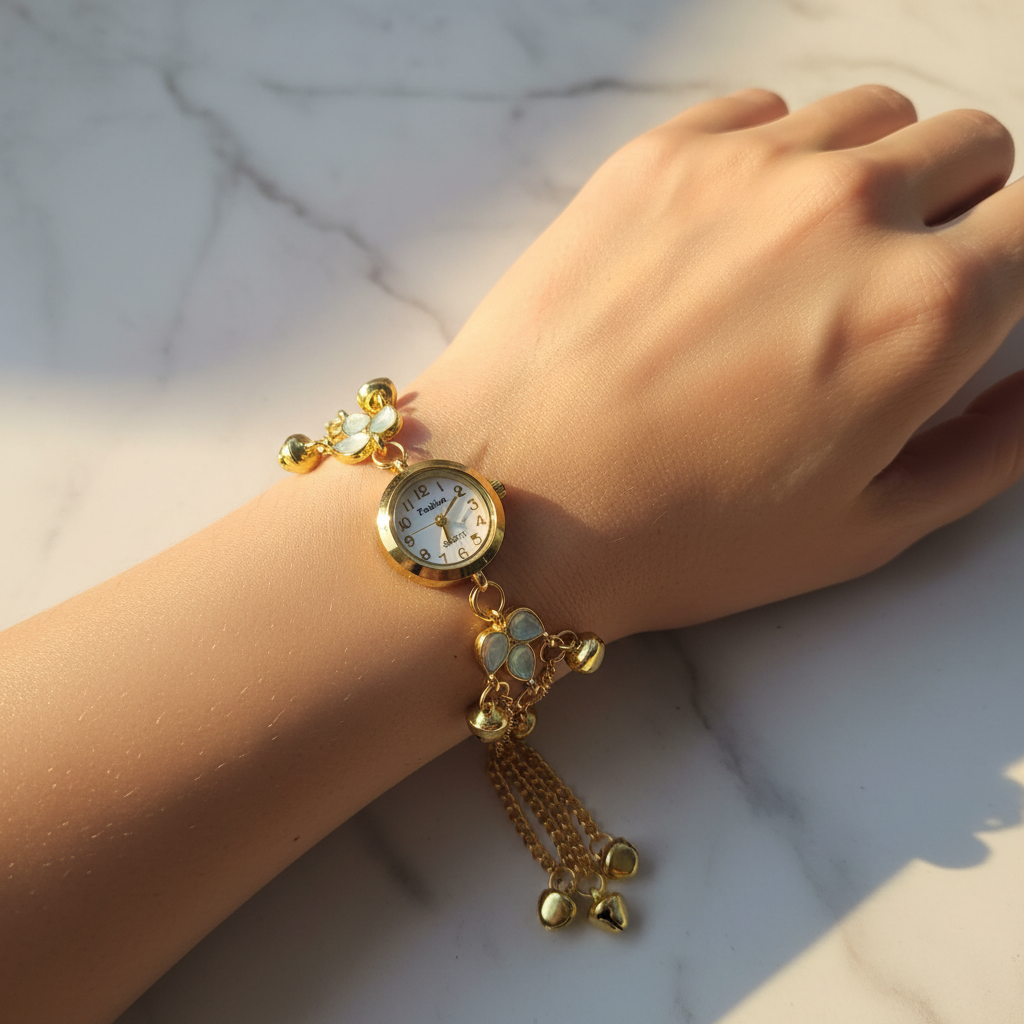 White opal bracelet watch on marble background