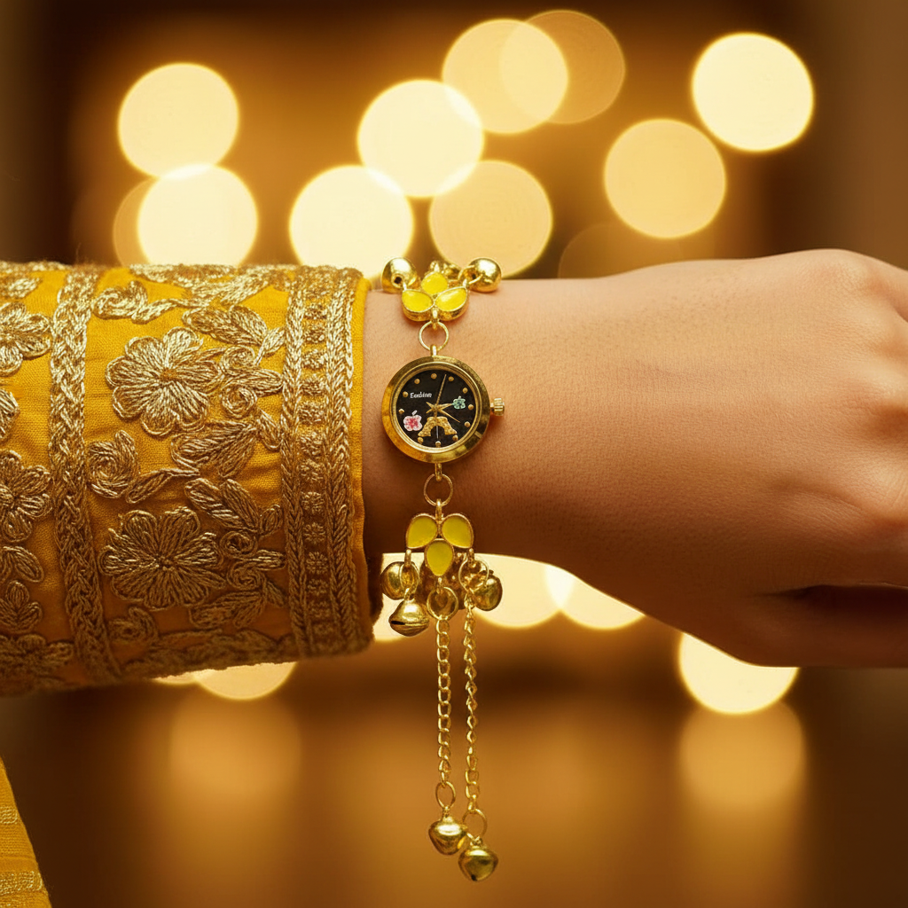 Yellow flower bracelet watch with ethnic sleeve