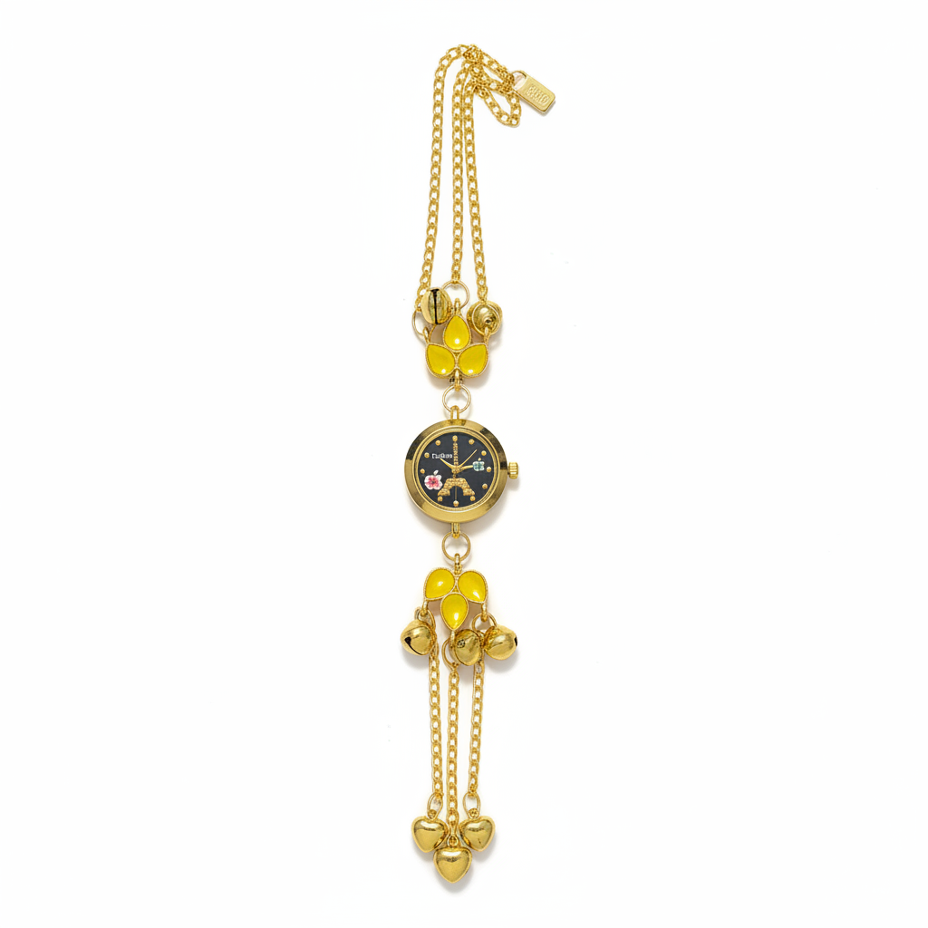 Yellow flower bracelet watch flat lay